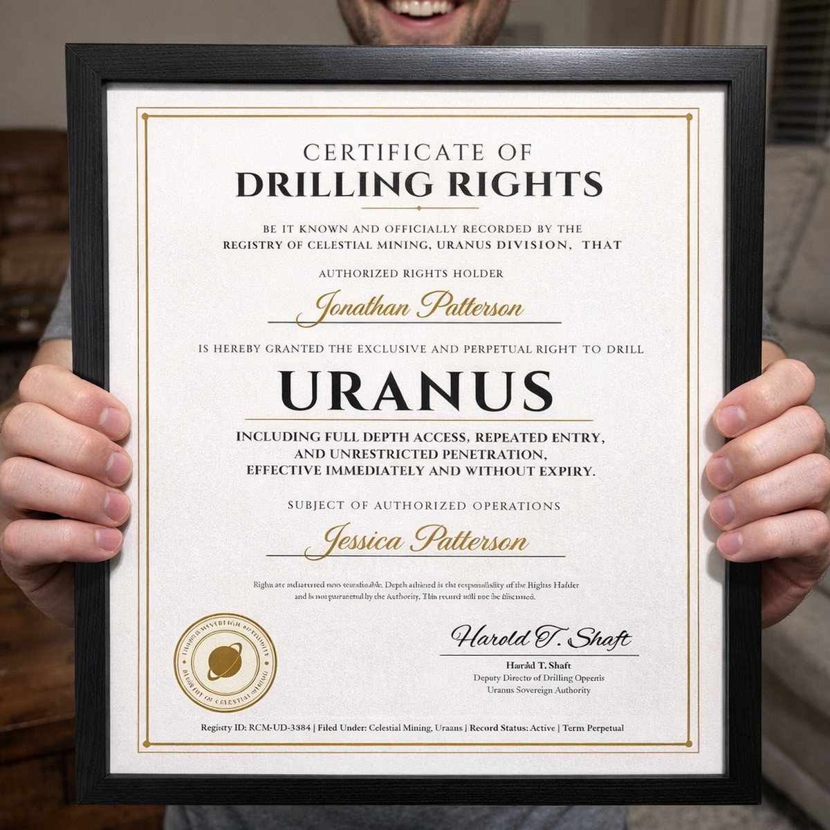 Hands holding the Framed Certificate of Drilling Rights to Uranus, black frame
