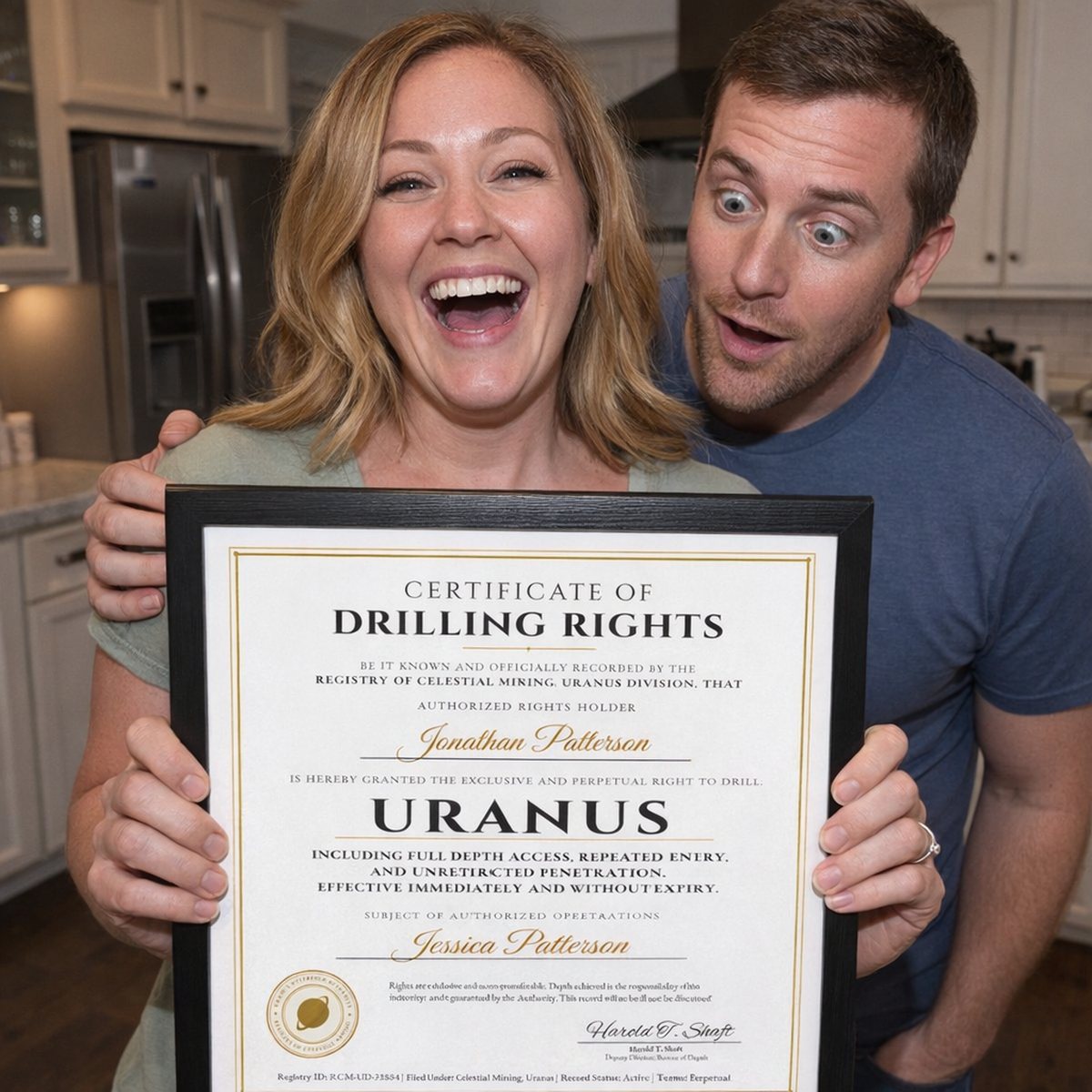 Couple in a kitchen laughing with the Framed Certificate of Drilling Rights to Uranus