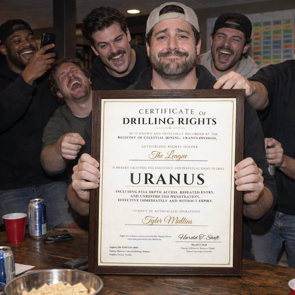 Fantasy football league presenting the Framed Certificate of Drilling Rights to Uranus to the last-place finisher