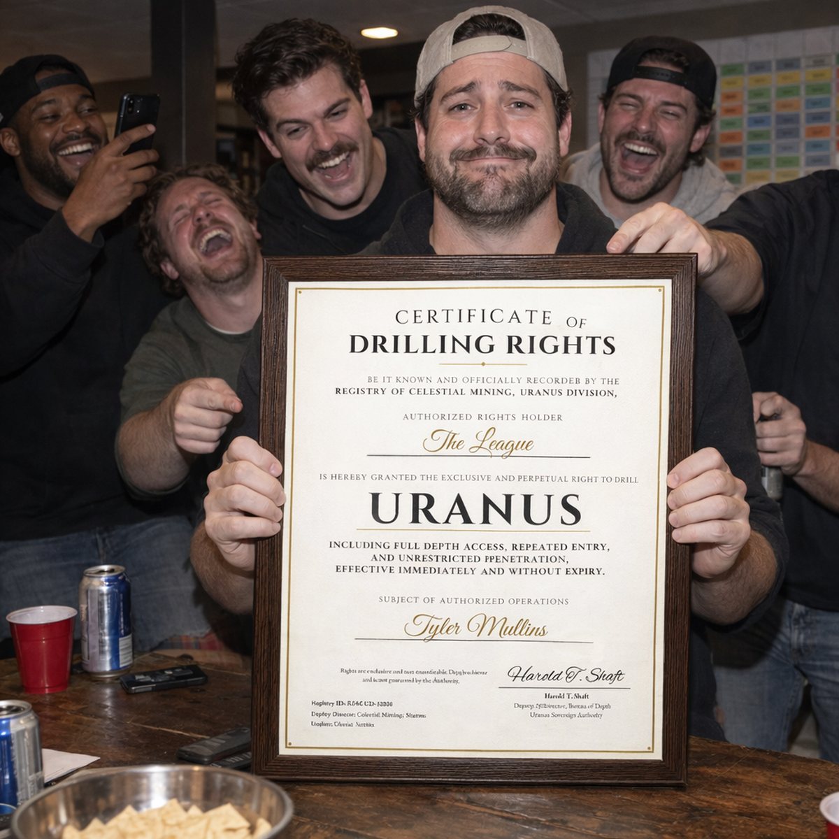 Fantasy football league presenting the Framed Certificate of Drilling Rights to Uranus to the last-place finisher