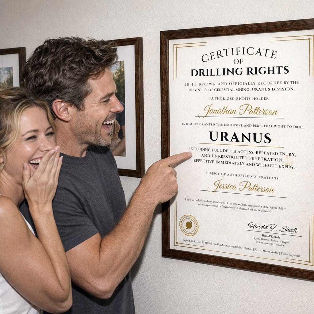 Framed Certificate of Drilling Rights to Uranus hanging in a hallway between family photos