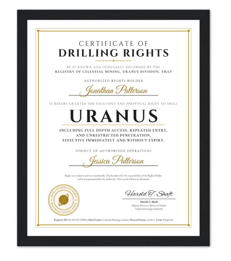 mockup: Framed Certificate of Drilling Rights to Uranus, black frame, flat