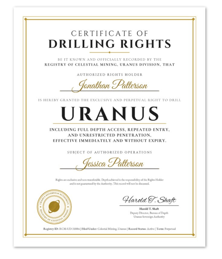 mockup: Certificate of Drilling Rights to Uranus, unframed 8x10 print, flat