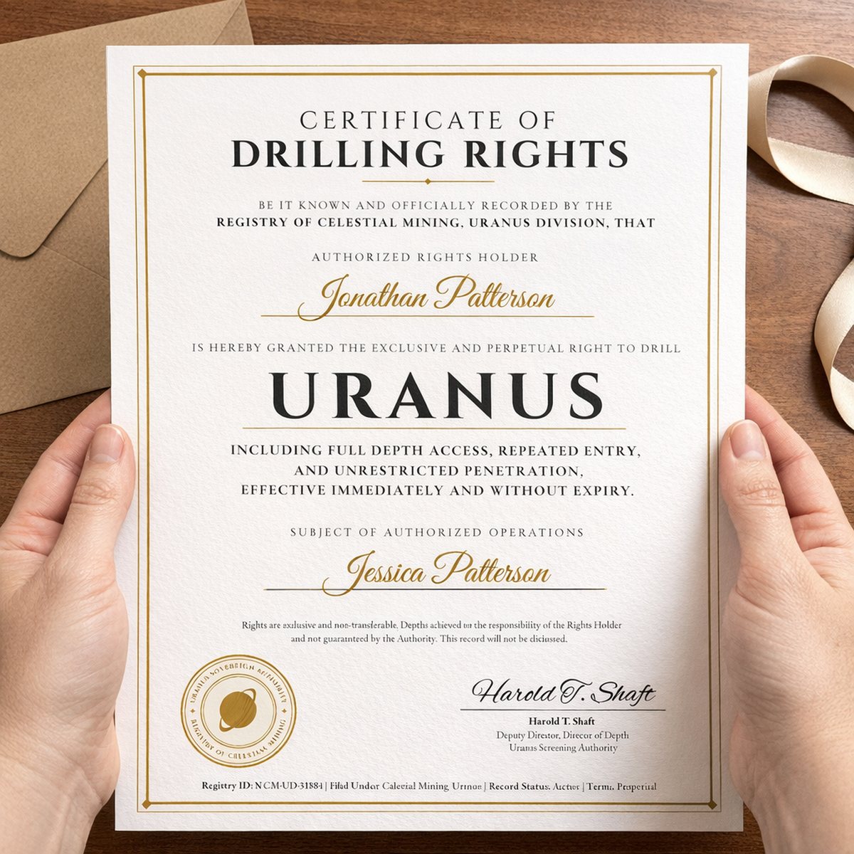 Unframed Certificate of Drilling Rights to Uranus print with an envelope and ribbon