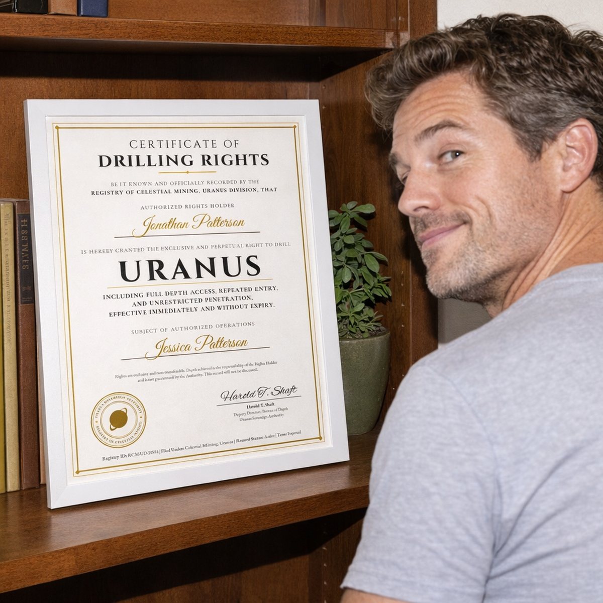 The Certificate of Drilling Rights to Uranus print in a frame the buyer added, on a bookshelf