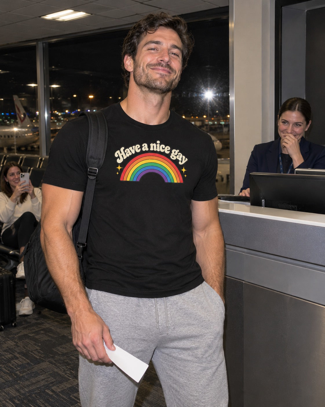 Have a Nice Gay T-Shirt, black, at the airport gate