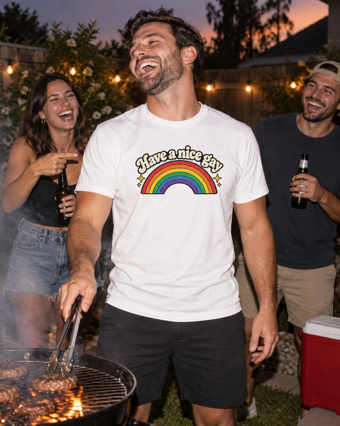 Have a Nice Gay T-Shirt, white, worn at a backyard cookout