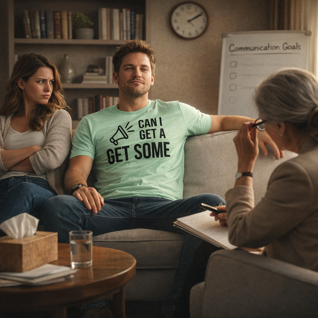Man in a Can I Get A Get Some t-shirt at couples counseling