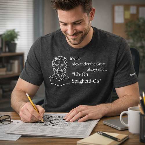 Man doing a crossword in the Alexander the Great Uh-Oh Spaghetti-O's t-shirt